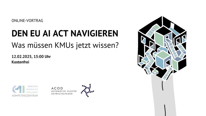 Eine Folie mit den Informationen zur Veranstaltung »Den EU AI ACT NAVIGIEREN – Was müssen KMUs jetzt wissen?« 12.02.2025, 15 Uhr. Kostenfrei