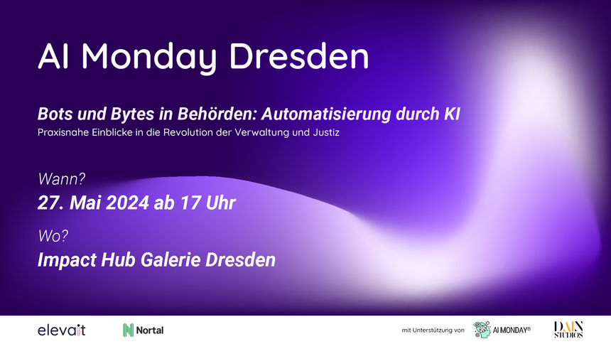 Eine Grafik mit den daten 17. Mai, KI in der Verwaltung, AI Monday Dresden